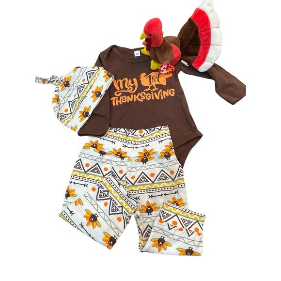 Thanksgiving Outfit Baby Sz 80 Leggings 1 Piece Cap Turkey Beanie Baby Lot of 4 - Picture 2 of 12
